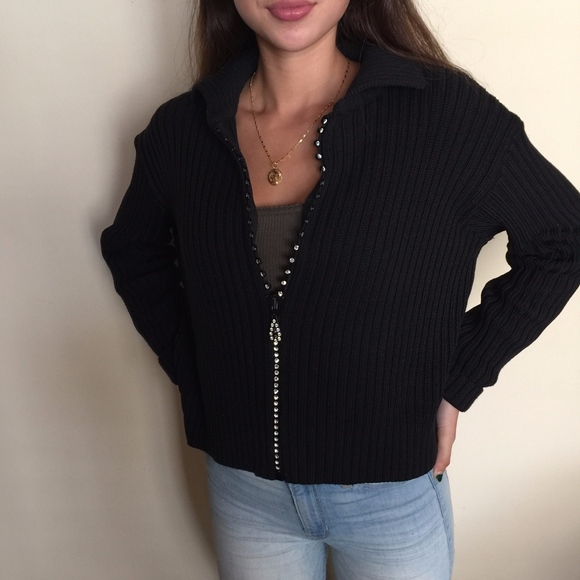 Rhinestone Zippered Black Ribbed Sweater - Picture 1 of 8